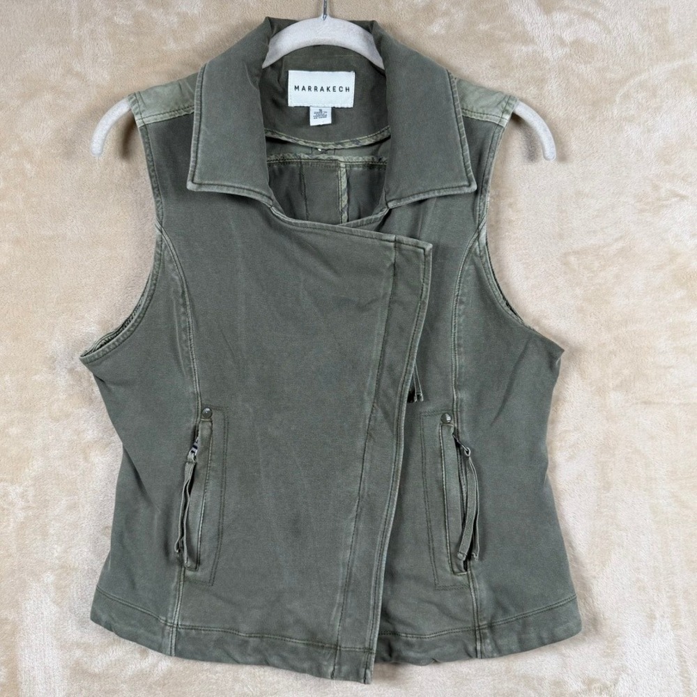 Marrakech Anthropologie Womens S Olive Green Moto Zip Vest Cotton Utility Jacket